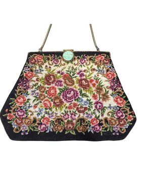 Vintage Floral Needlepoint Handbag Flowers Tapestry Metal Frame & Clasp Closure